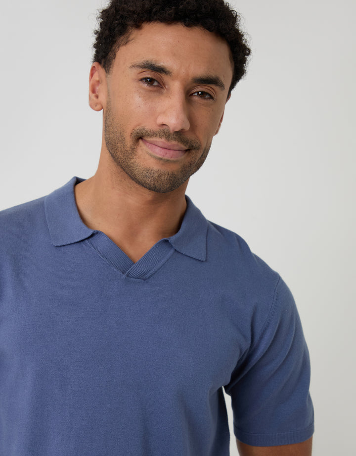 Threadbare Knitted Trophy Neck Polo in Blue - front view close up