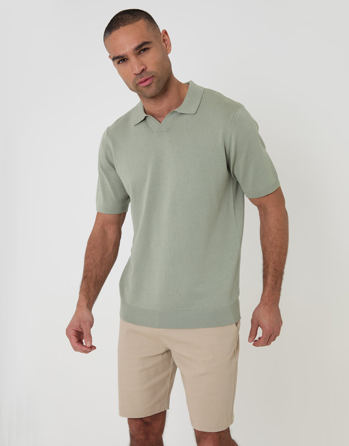 Threadbare Knitted Trophy Neck Polo in Sage Green - front view