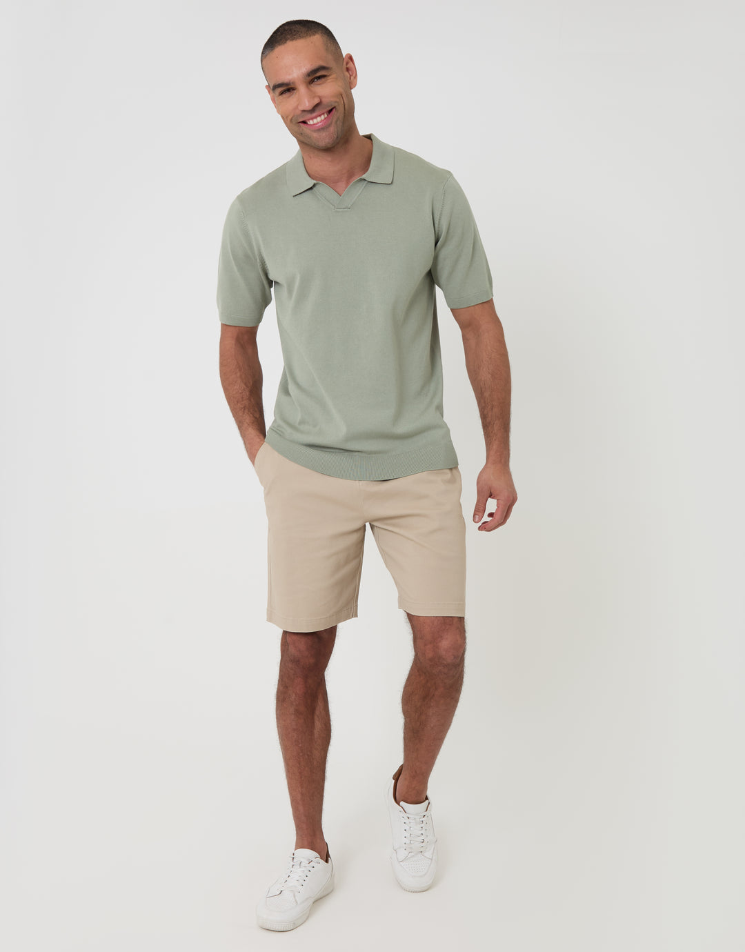 Threadbare Knitted Trophy Neck Polo in Sage Green - full body