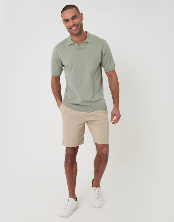 Threadbare Knitted Trophy Neck Polo in Sage Green - full body
