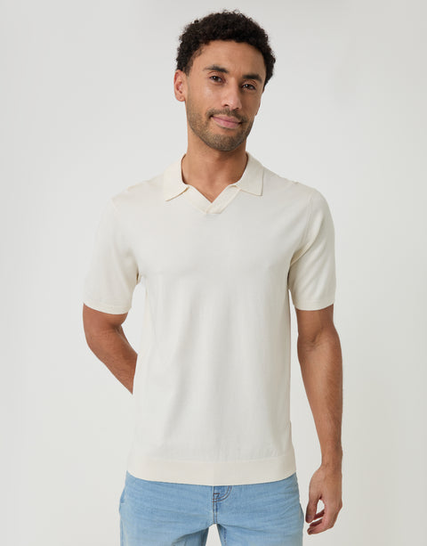 Threadbare Knitted Trophy Neck Polo in Ecru - front view