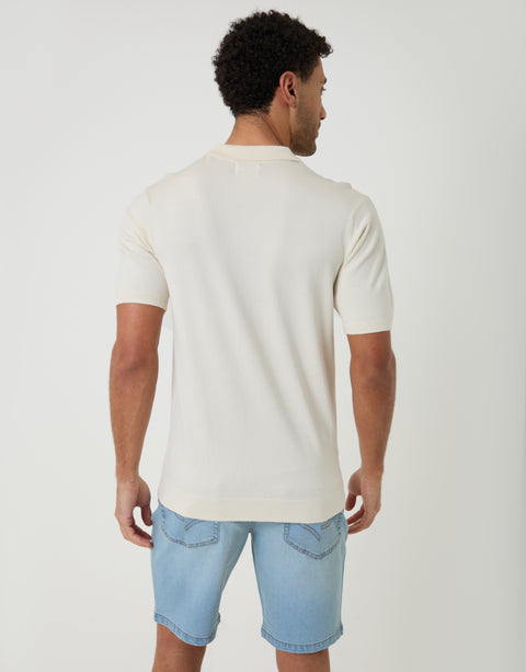 Threadbare Knitted Trophy Neck Polo in Ecru - back view
