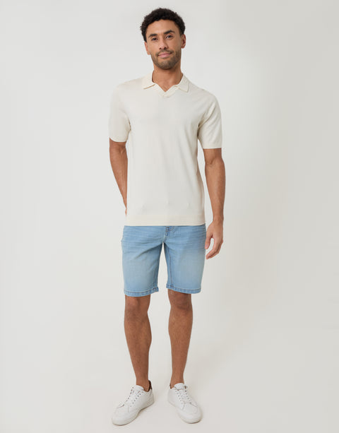 Threadbare Knitted Trophy Neck Polo in Ecru - full body