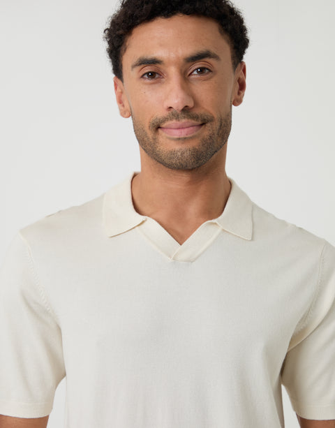 Threadbare Knitted Trophy Neck Polo in Ecru - collar close up
