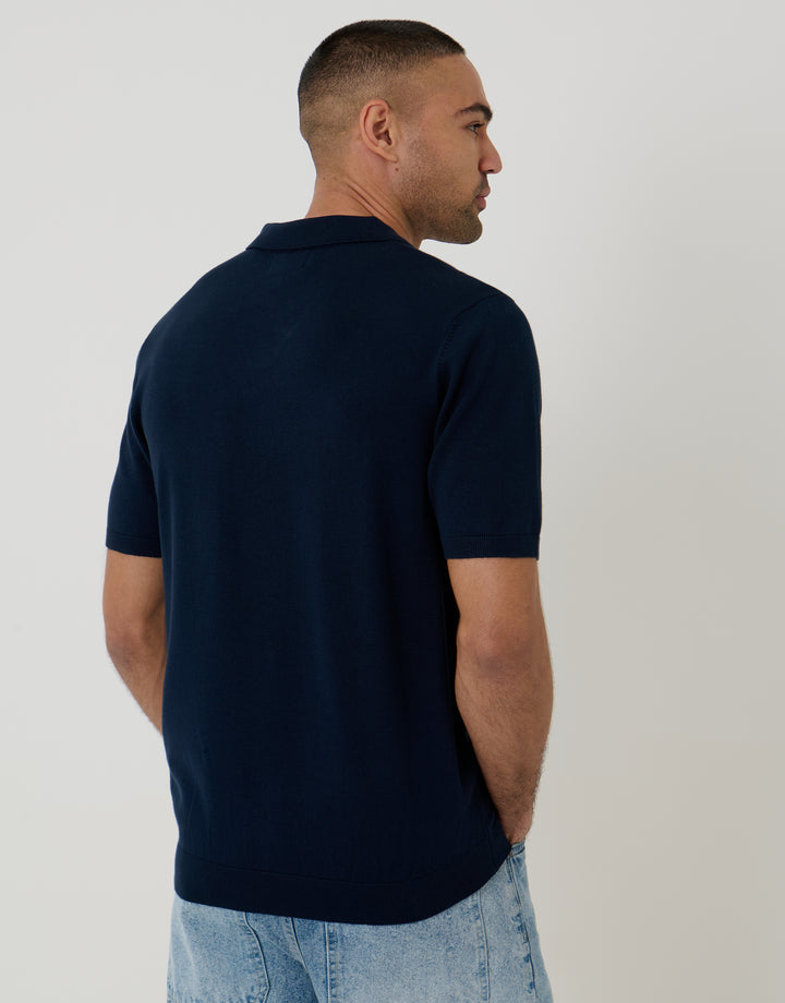 Navy Knitted Trophy Neck Polo