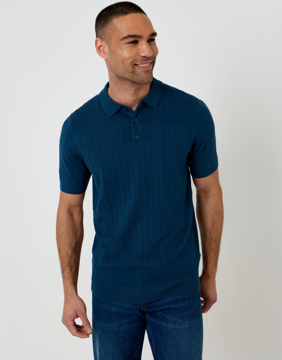 Threadbare Zig Zag Stitch Knitted Polo in Denim Blue - front view