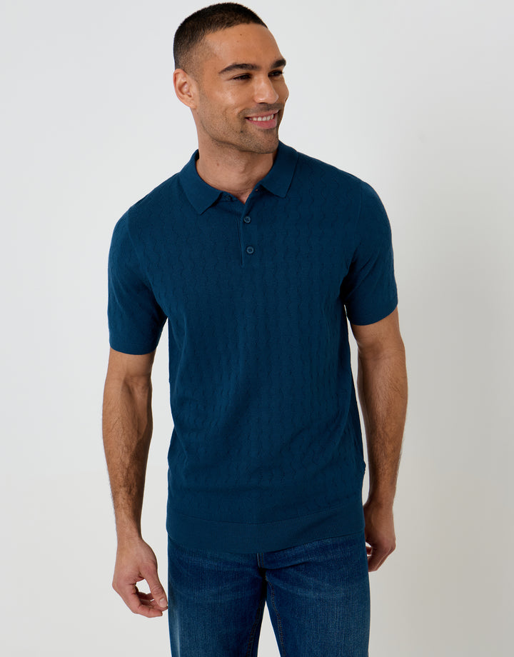Threadbare Zig Zag Stitch Knitted Polo in Denim Blue - front view