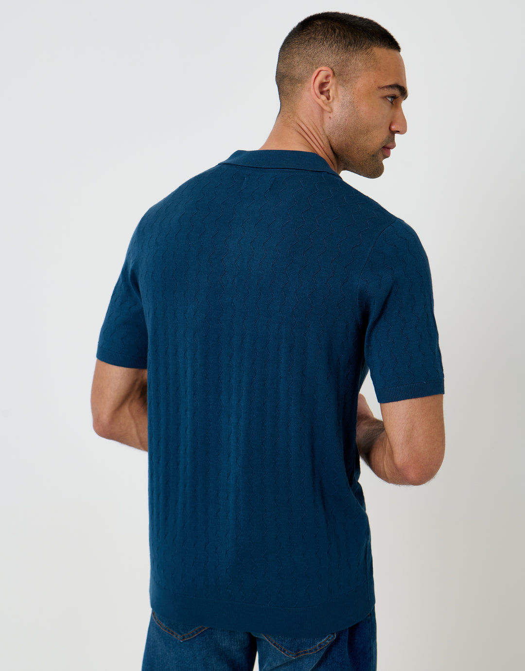Threadbare Zig Zag Stitch Knitted Polo in Denim Blue - back view