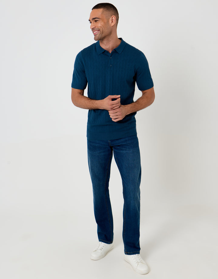 Threadbare Zig Zag Stitch Knitted Polo in Denim Blue - full body