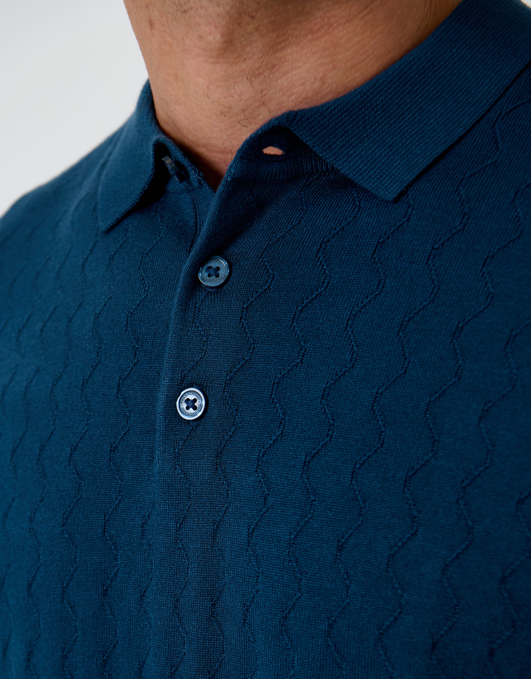 Threadbare Zig Zag Stitch Knitted Polo in Denim Blue - fabric close up