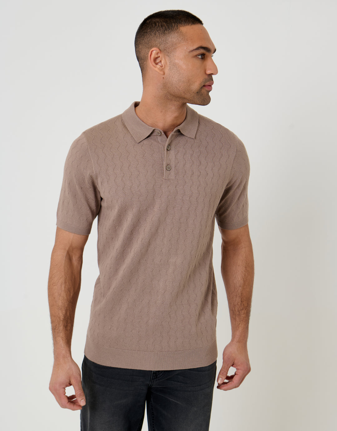 Taupe Zig Zag Stitch Knitted Polo