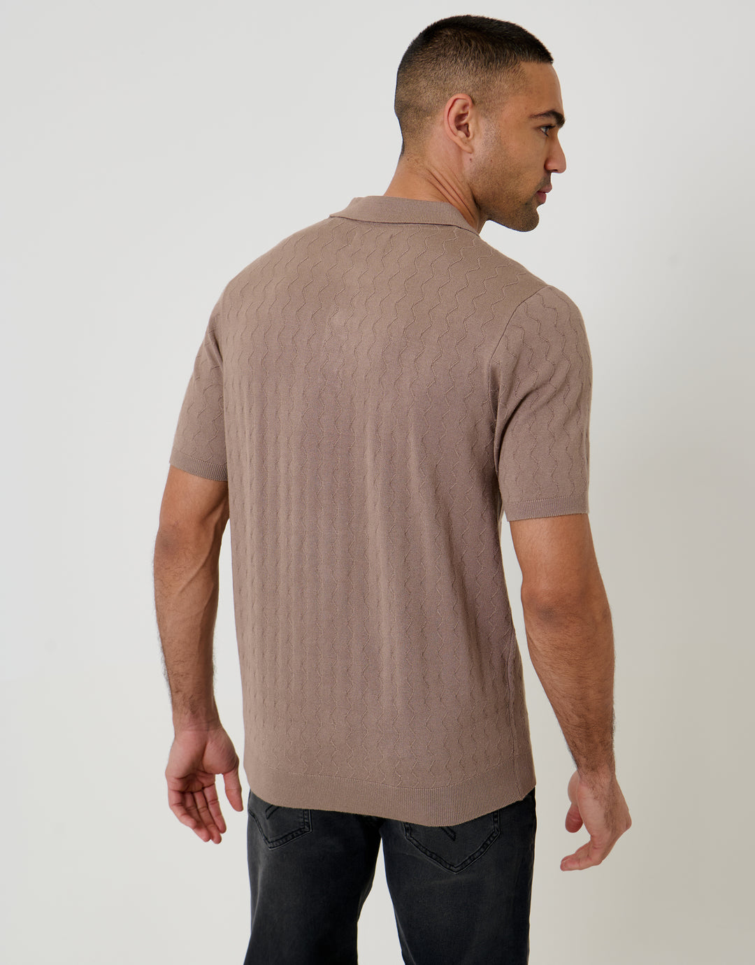 Taupe Zig Zag Stitch Knitted Polo