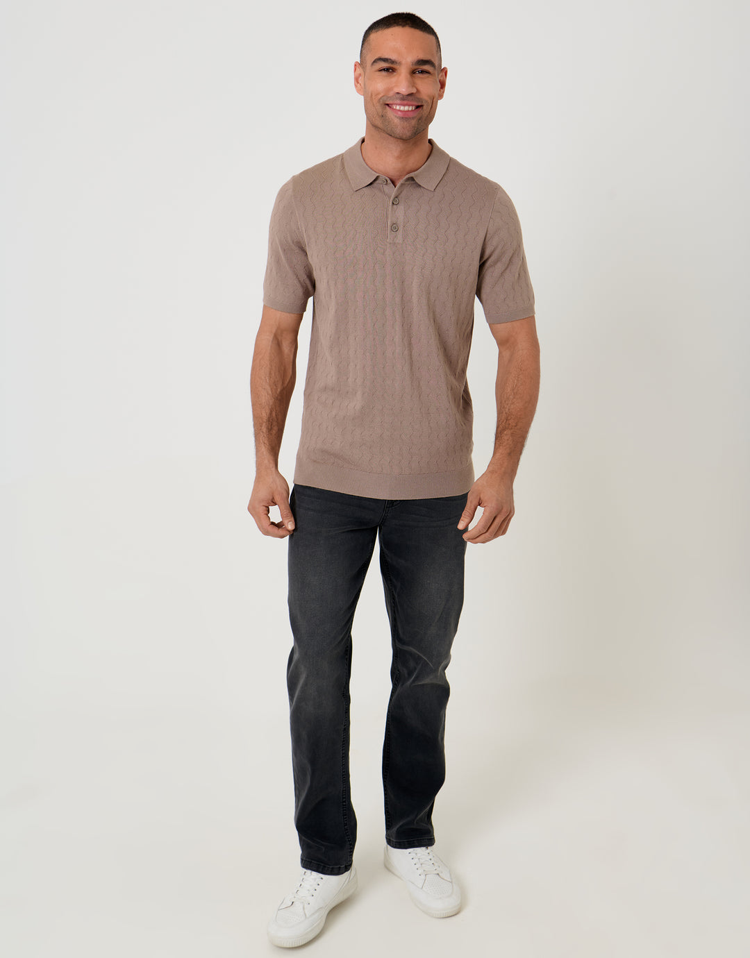 Taupe Zig Zag Stitch Knitted Polo