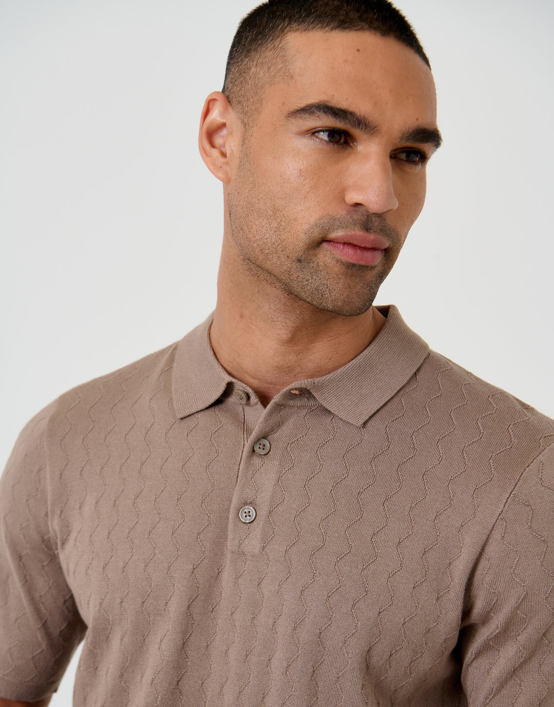 Taupe Zig Zag Stitch Knitted Polo