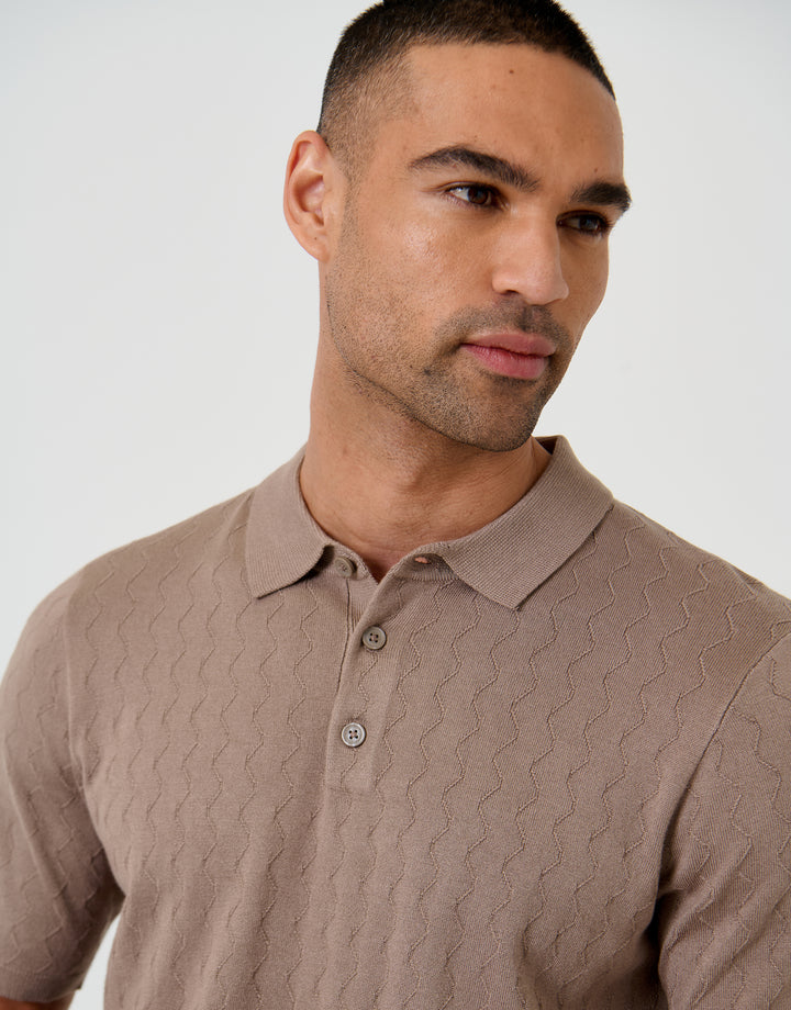 Taupe Zig Zag Stitch Knitted Polo