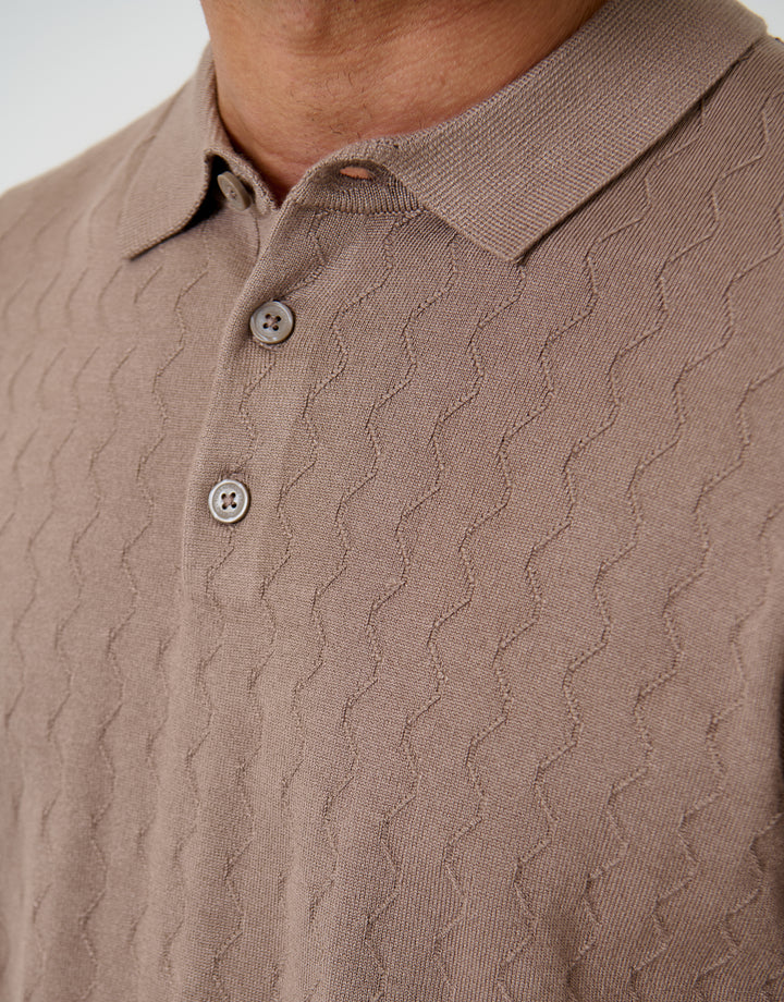 Taupe Zig Zag Stitch Knitted Polo
