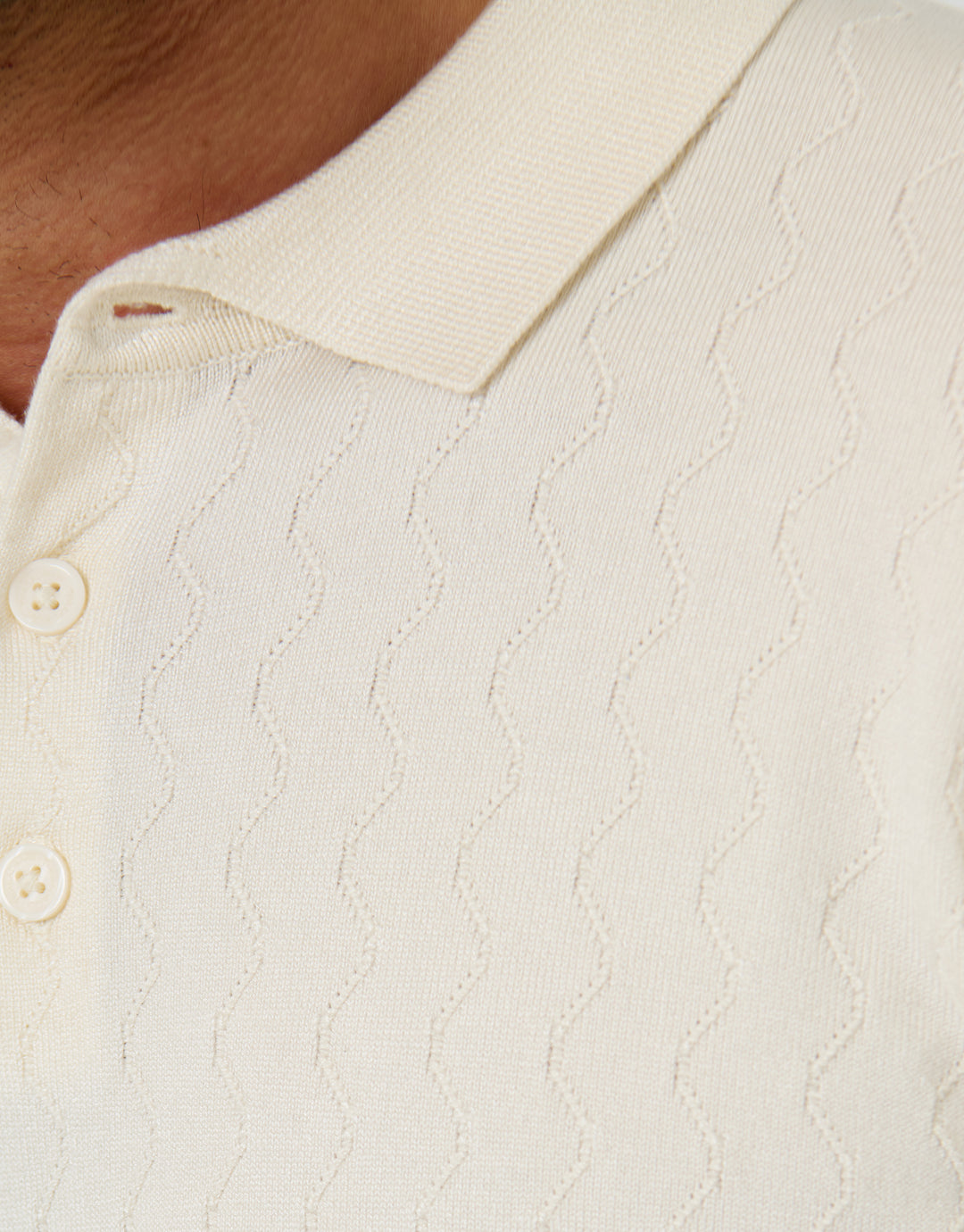 Threadbare Zig Zag Stitch Knitted Polo in Ecru - fabric close up