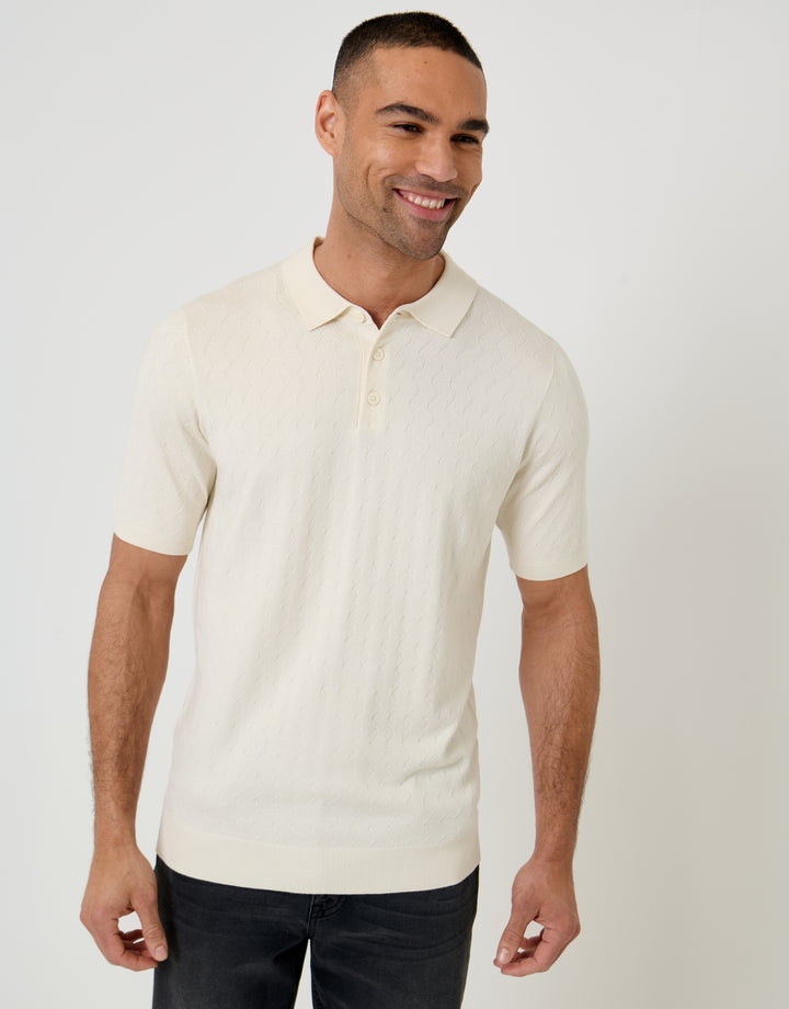 Threadbare Zig Zag Stitch Knitted Polo in Ecru - front view