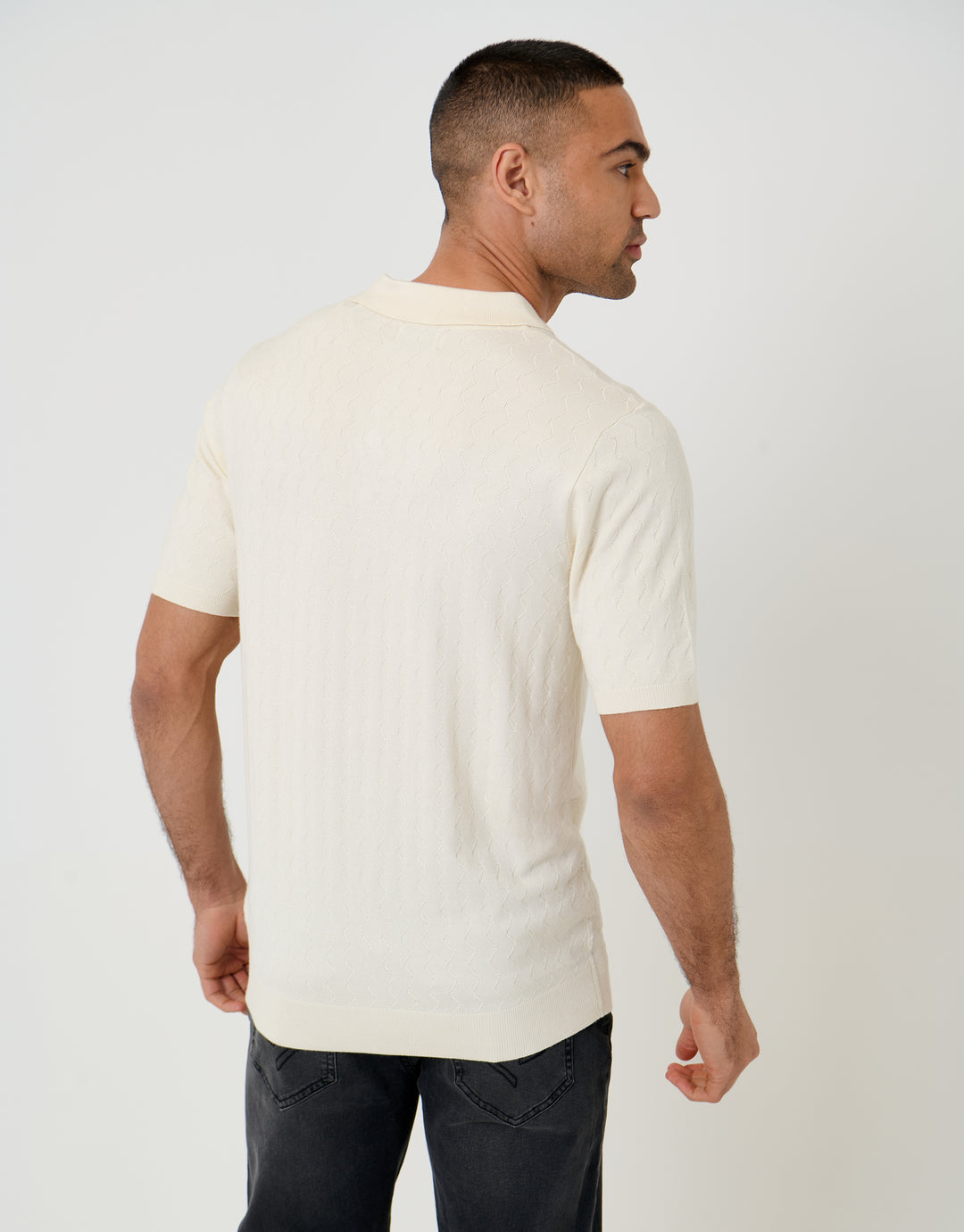 Threadbare Zig Zag Stitch Knitted Polo in Ecru - back view