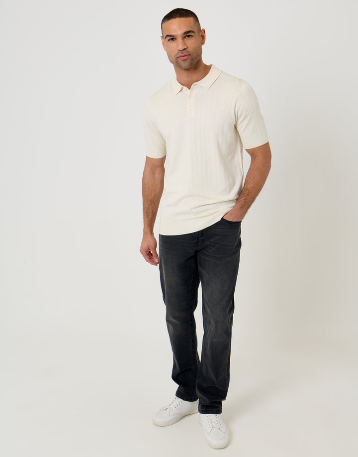 Threadbare Zig Zag Stitch Knitted Polo in Ecru - full body