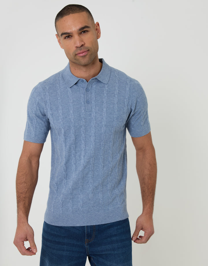 Threadbare Cable Stripe Knitted Button Polo in Light Blue - front view 