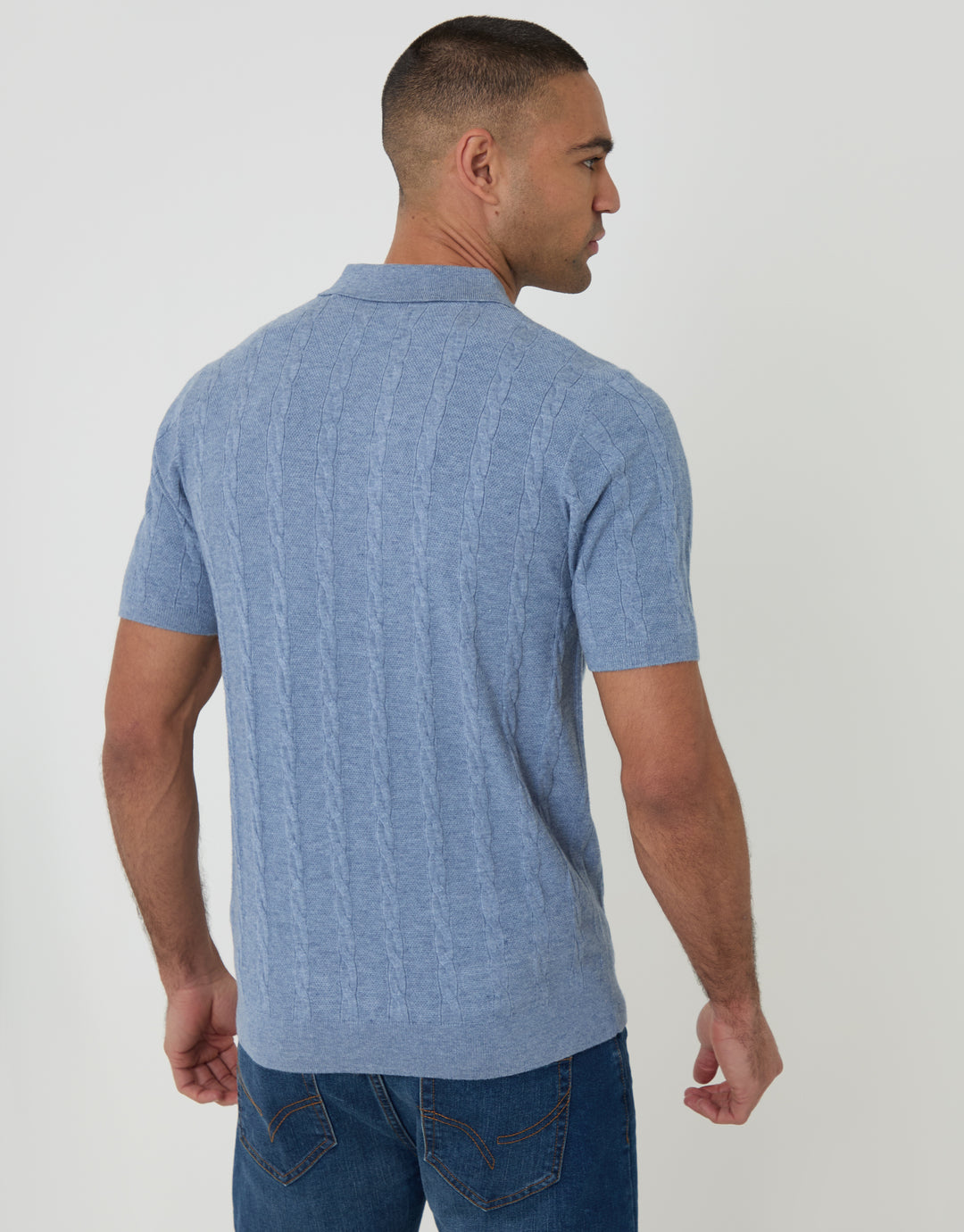 Threadbare Cable Stripe Knitted Button Polo in Light Blue - back view