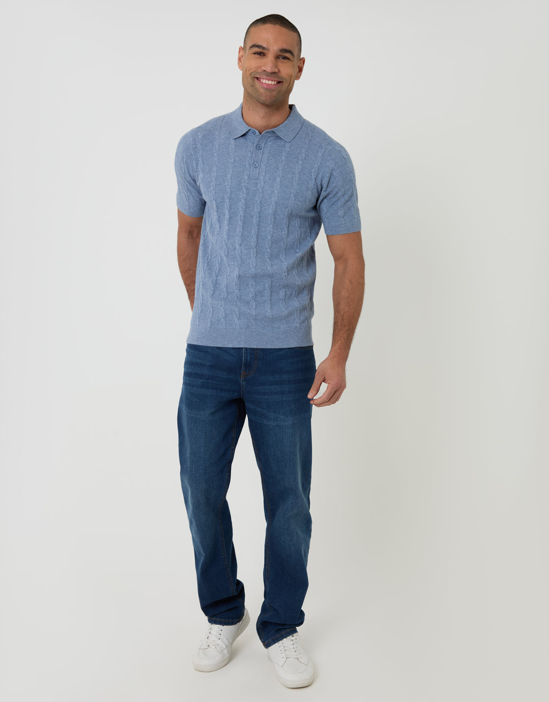 Threadbare Cable Stripe Knitted Button Polo in Light Blue - full body