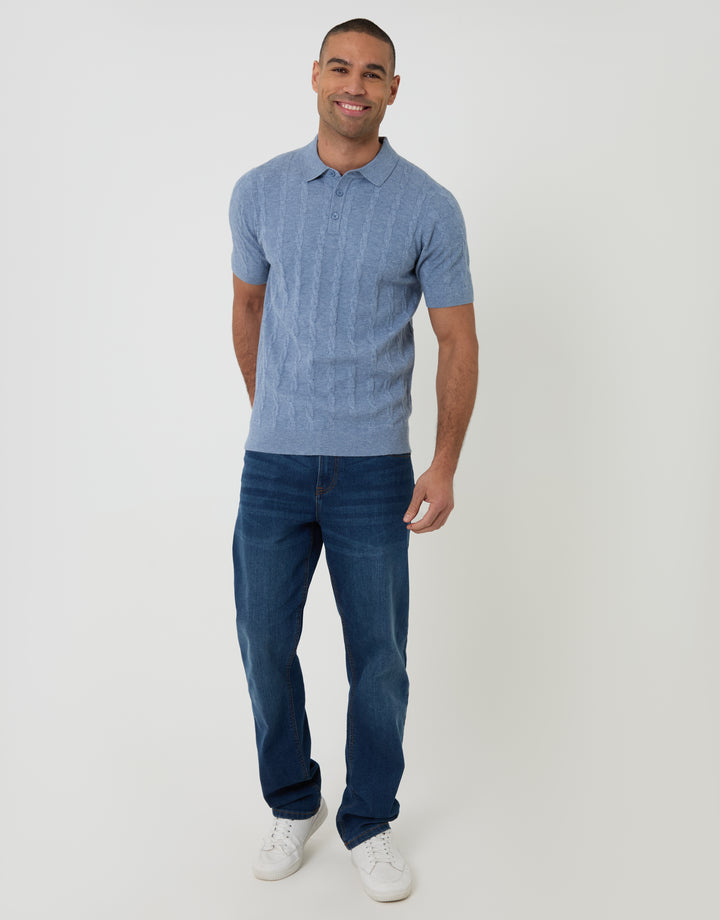 Threadbare Cable Stripe Knitted Button Polo in Light Blue - full body