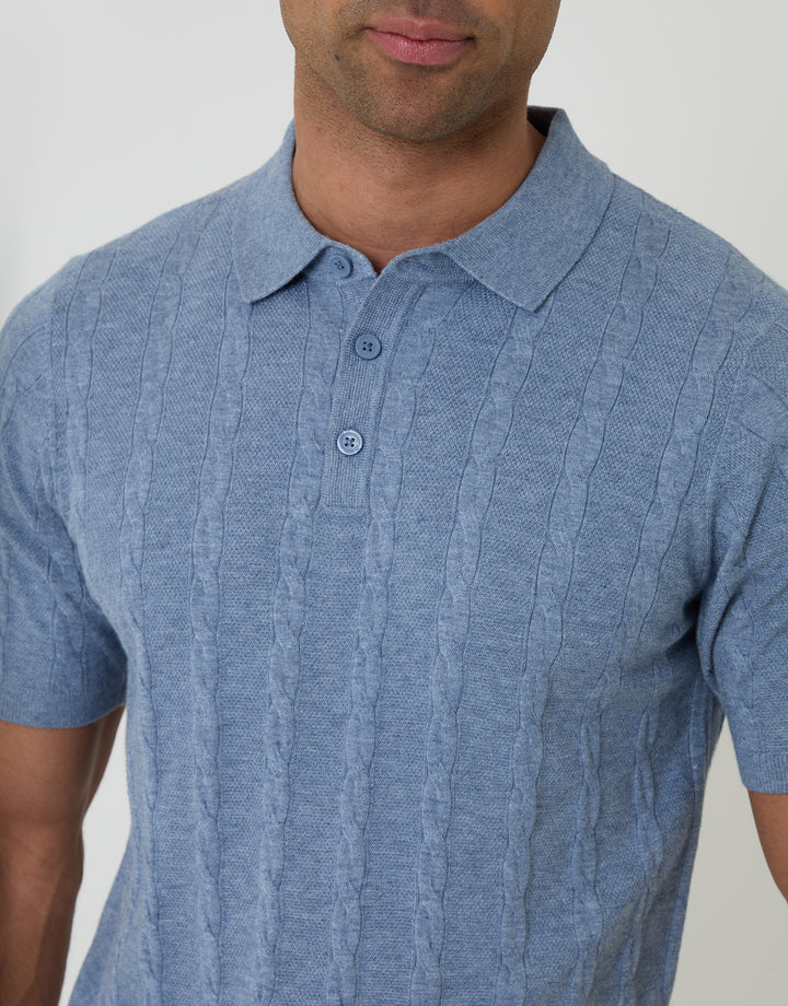 Threadbare Cable Stripe Knitted Button Polo in Light Blue - front view close up