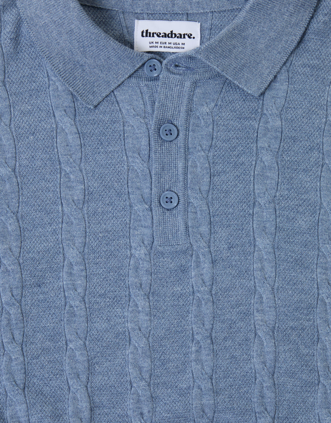 Threadbare Cable Stripe Knitted Button Polo in Light Blue - buttons close up