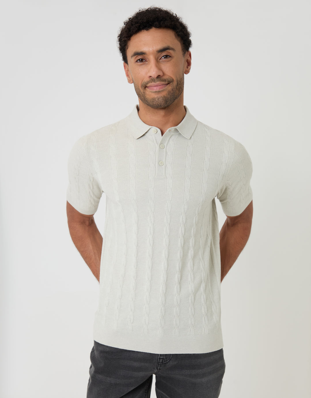 Threadbare Cable Stripe Knitted Button Polo in Ecru - front view