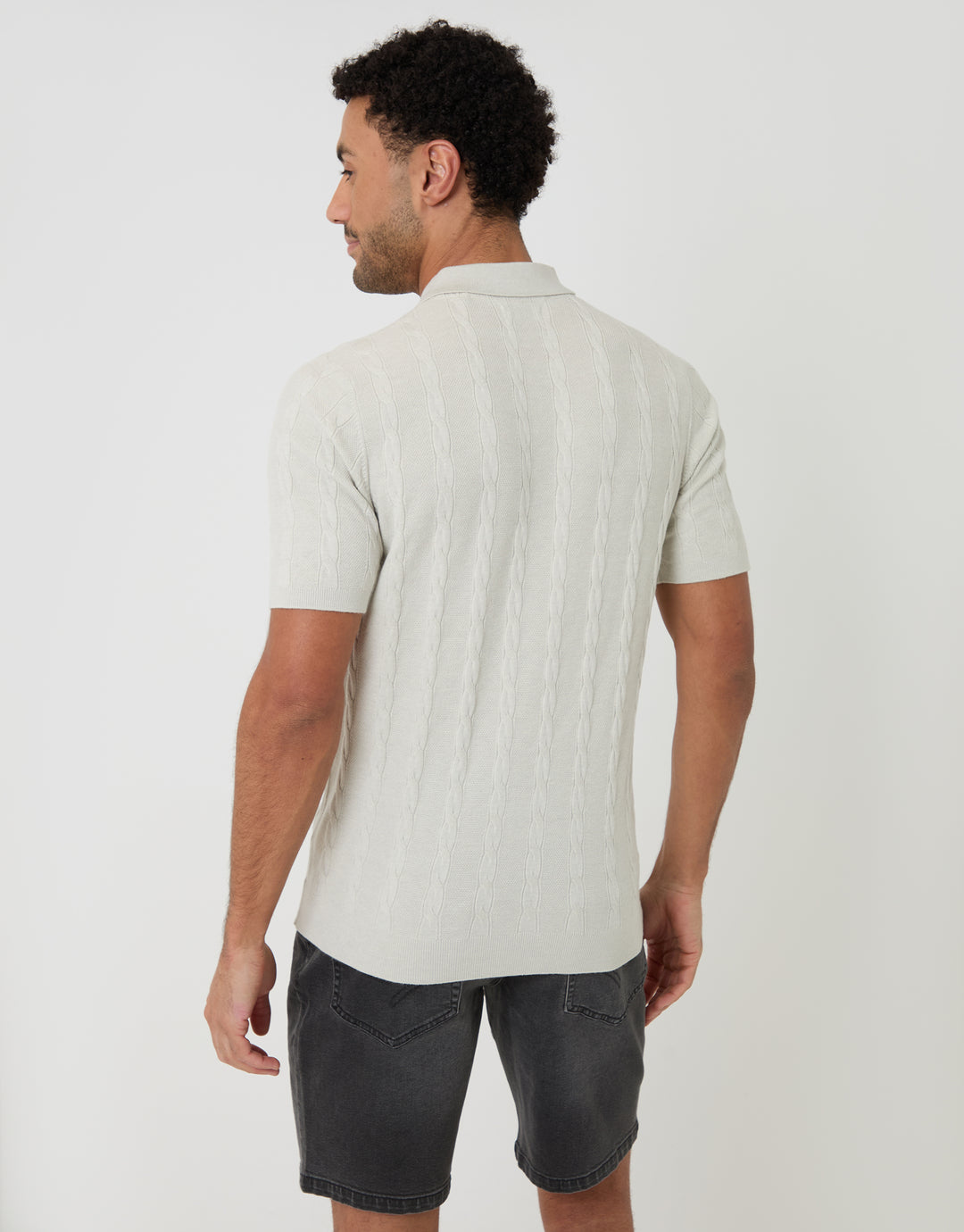 Threadbare Cable Stripe Knitted Button Polo in Ecru - back view