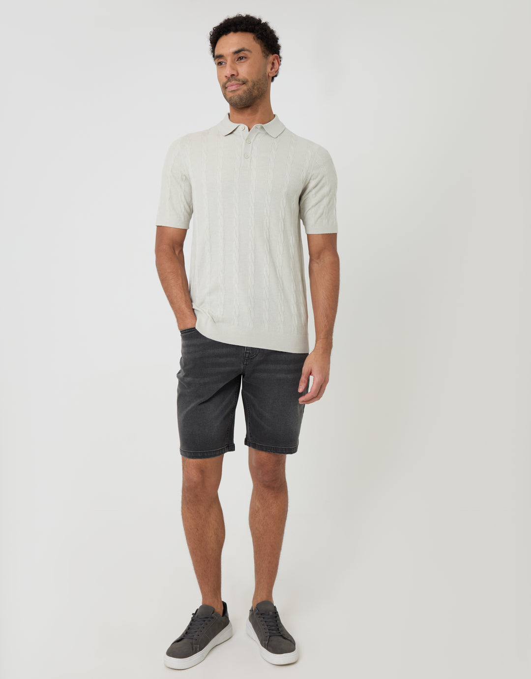 Threadbare Cable Stripe Knitted Button Polo in Ecru - full body