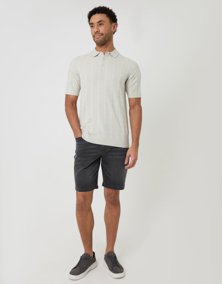 Threadbare Cable Stripe Knitted Button Polo in Ecru - full body
