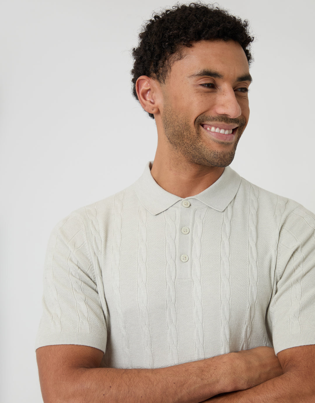 Threadbare Cable Stripe Knitted Button Polo in Ecru - front view close up