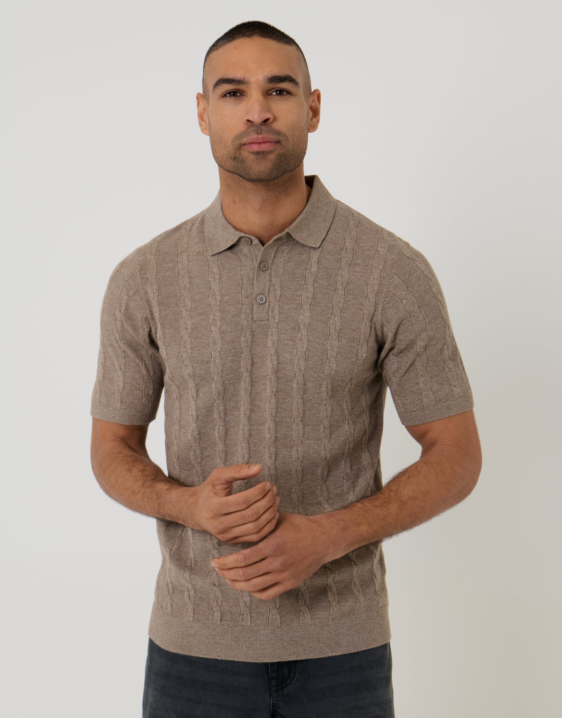 Threadbare Men's Cable Stripe Knitted Button Polo in Taupe