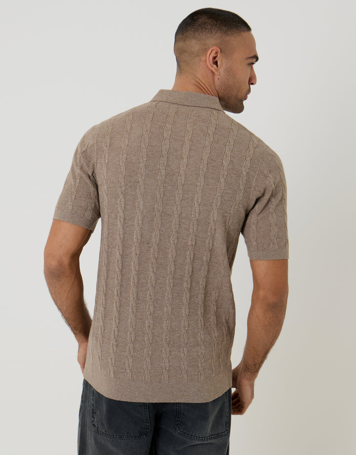 Taupe Cable Stripe Knitted Button Polo