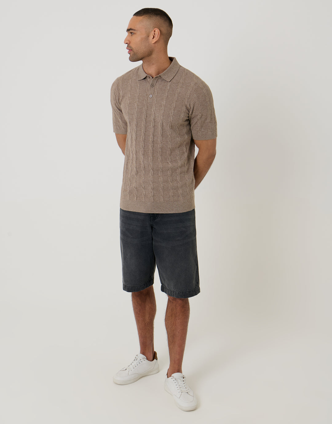 Taupe Cable Stripe Knitted Button Polo
