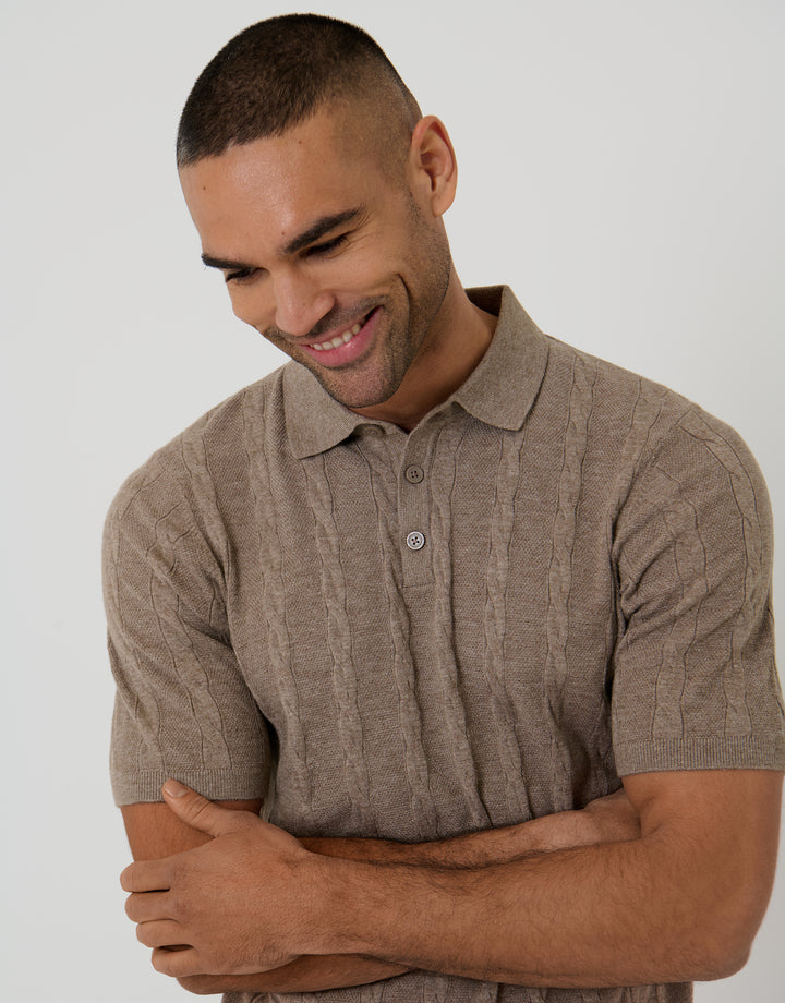 Taupe Cable Stripe Knitted Button Polo