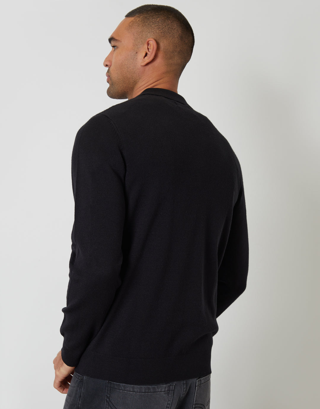 Black Textured Knit Quarter Zip Polo Jumper