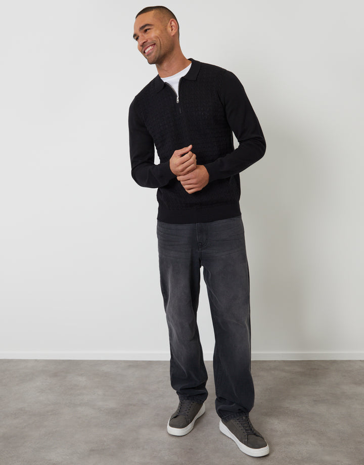 Black Textured Knit Quarter Zip Polo Jumper