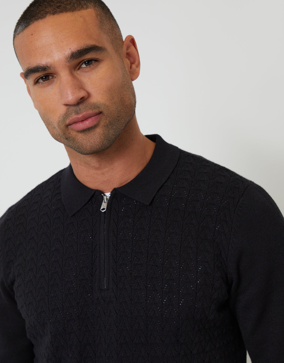 Black Textured Knit Quarter Zip Polo Jumper