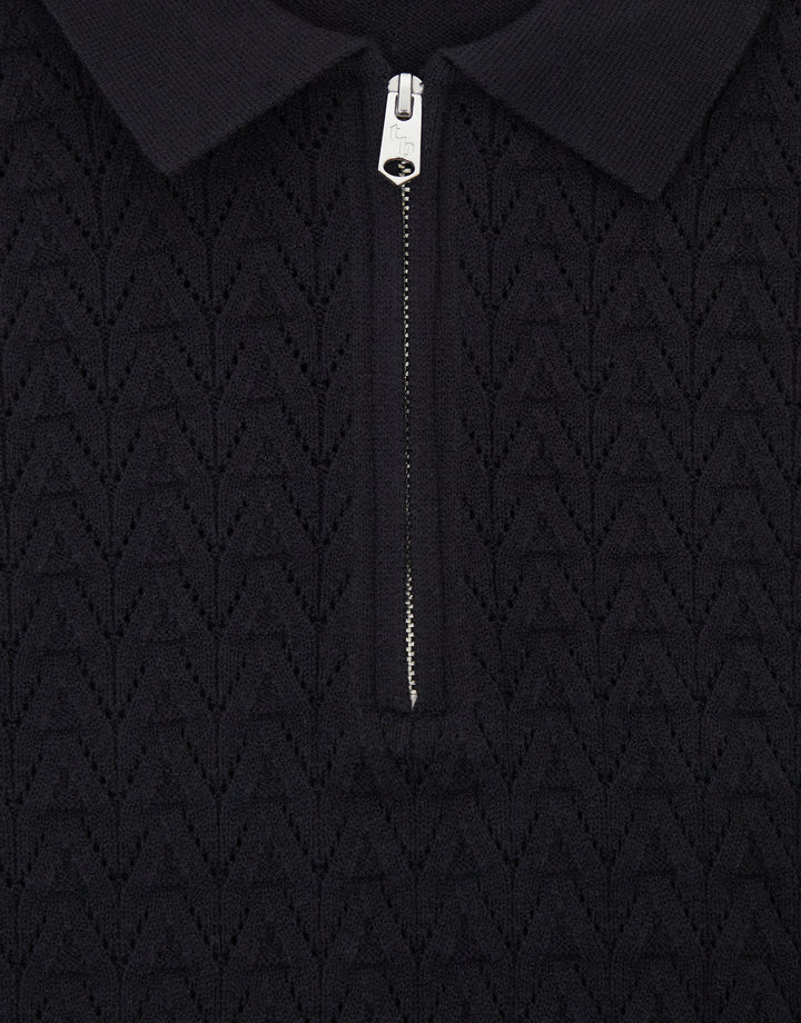 Black Textured Knit Quarter Zip Polo Jumper