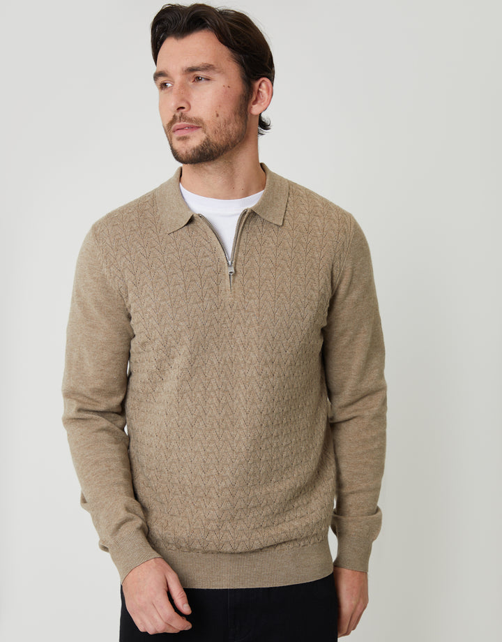 Ecru Textured Knit Quarter Zip Polo Jumper