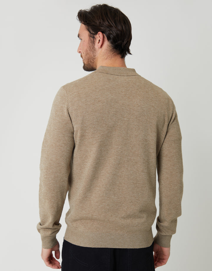 Ecru Textured Knit Quarter Zip Polo Jumper