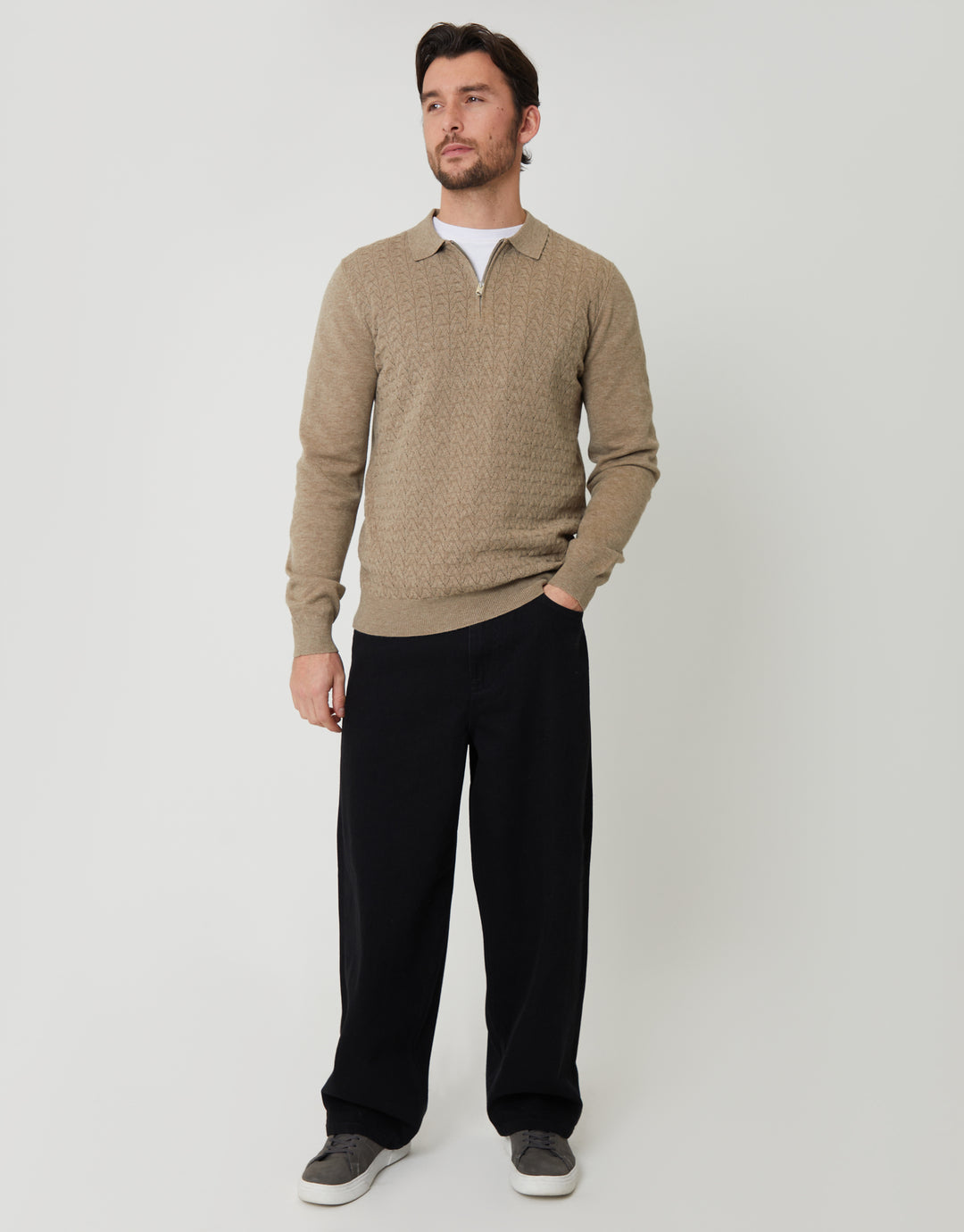 Ecru Textured Knit Quarter Zip Polo Jumper