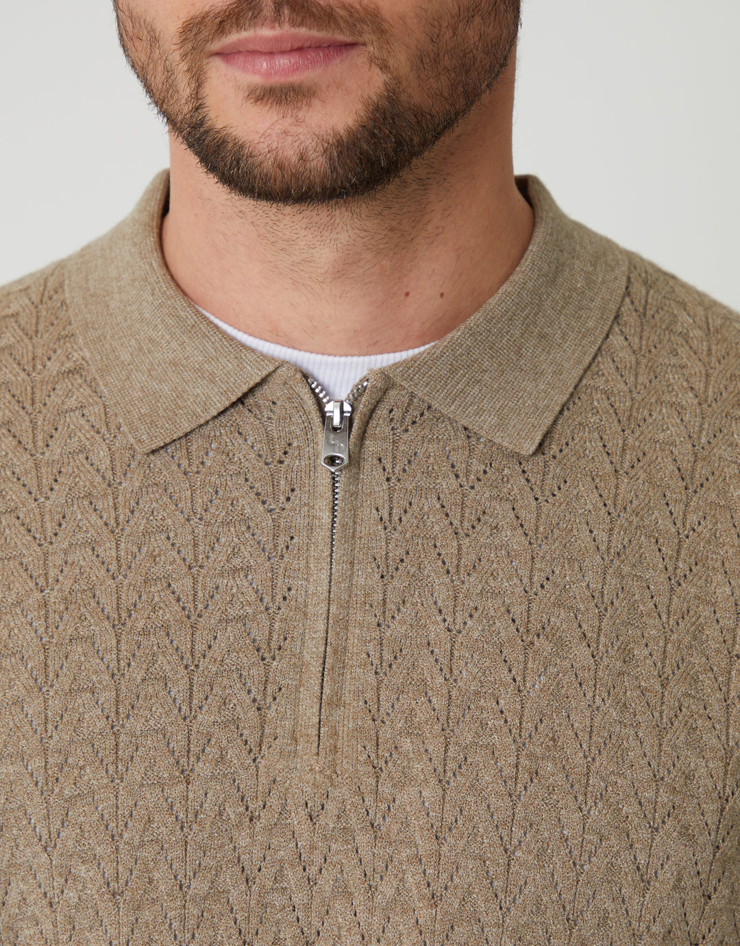 Ecru Textured Knit Quarter Zip Polo Jumper