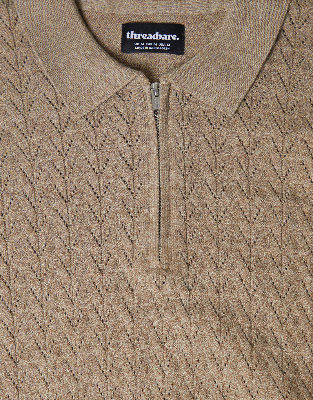 Ecru Textured Knit Quarter Zip Polo Jumper