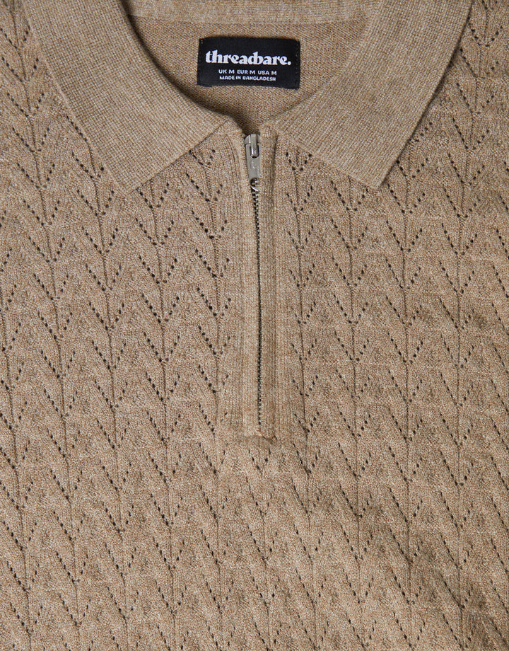 Ecru Textured Knit Quarter Zip Polo Jumper