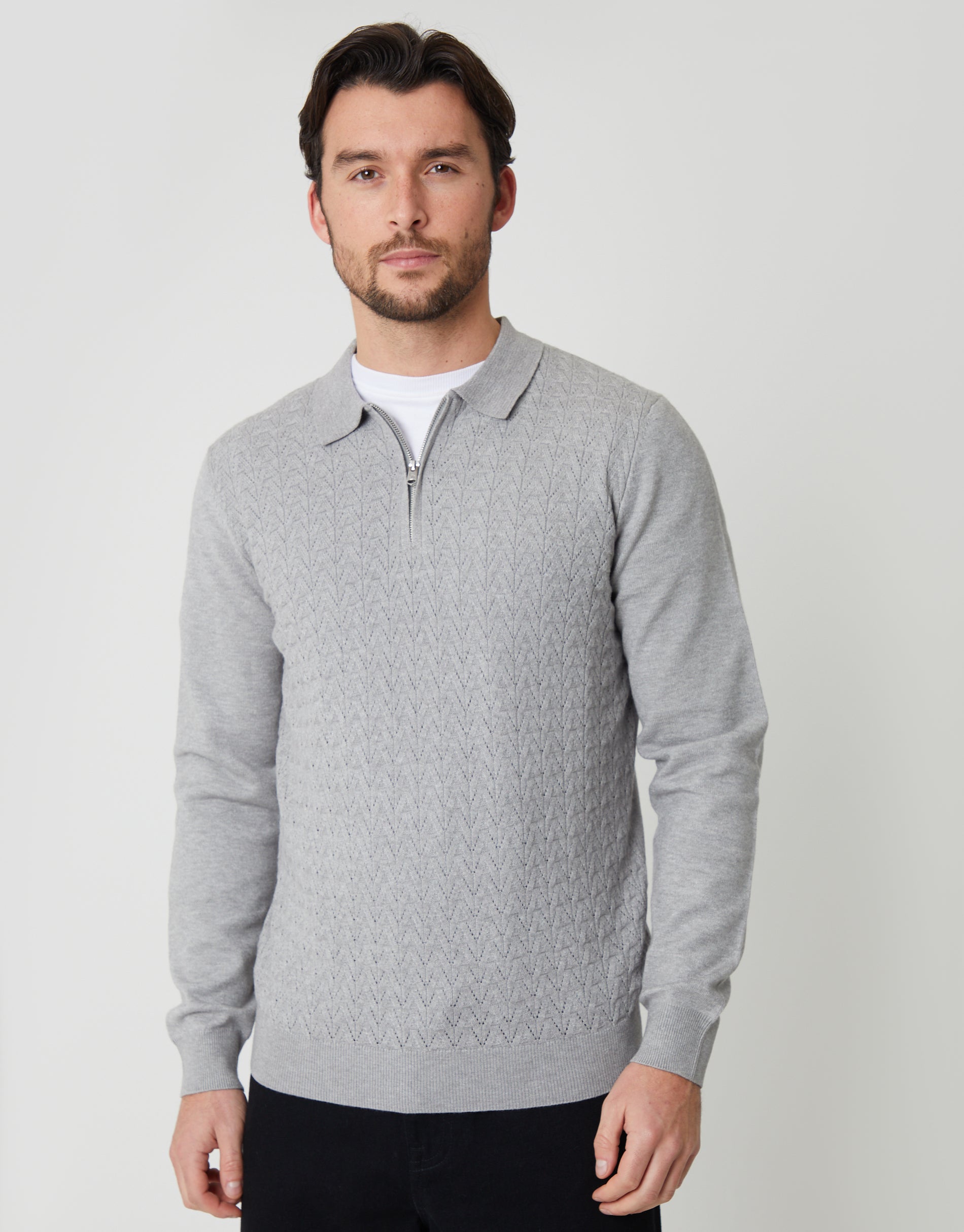Textured Knit Quarter Zip Polo Jumper in Grey Marl